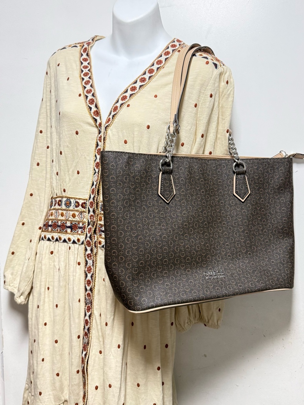 Guess Brown Logo Monogram Tote with Tan Trim